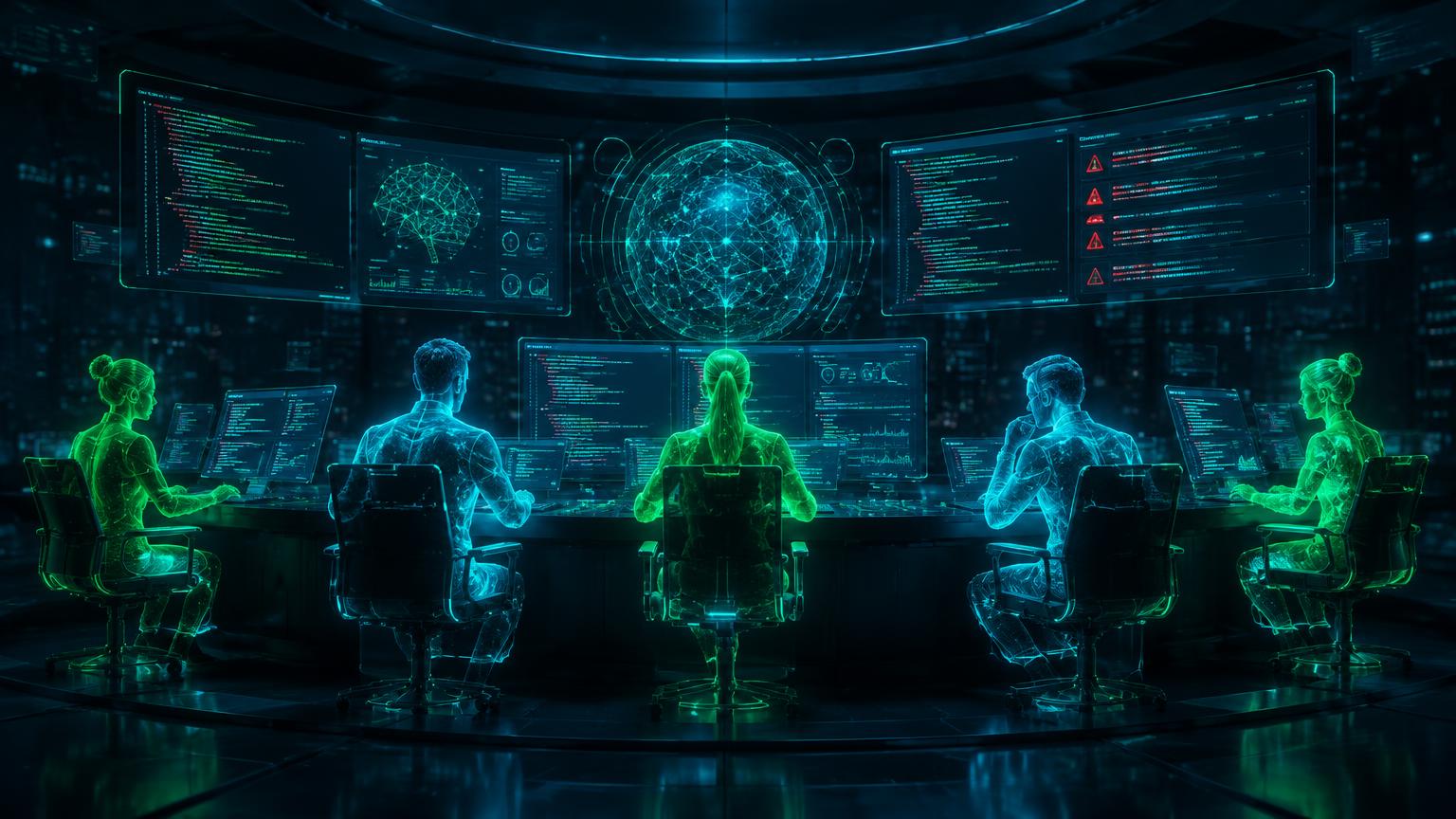 Equipe de programadores de inteligência artificial monitorando painéis de código e erros